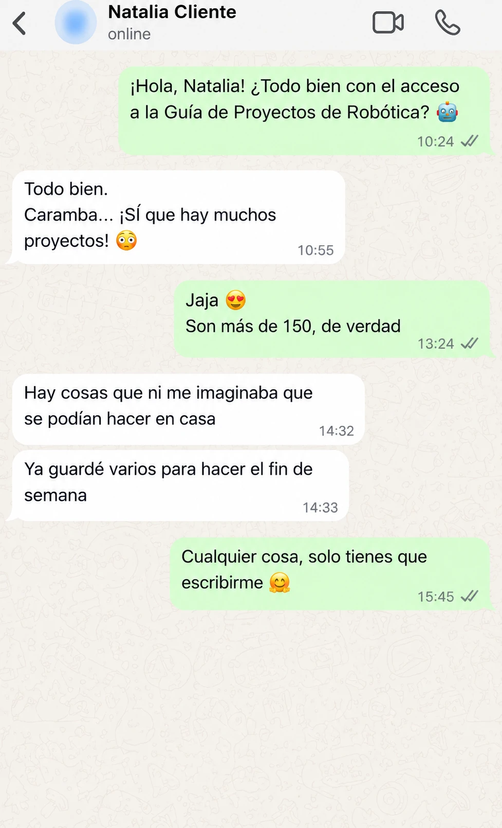 Captura de testimonio real de cliente en WhatsApp