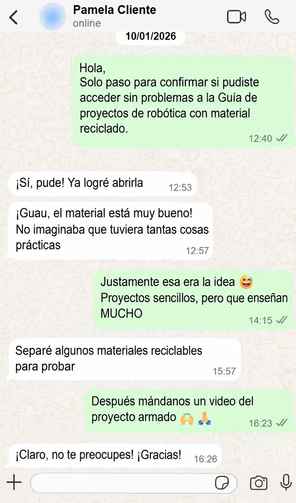 Captura de testimonio real de cliente en WhatsApp