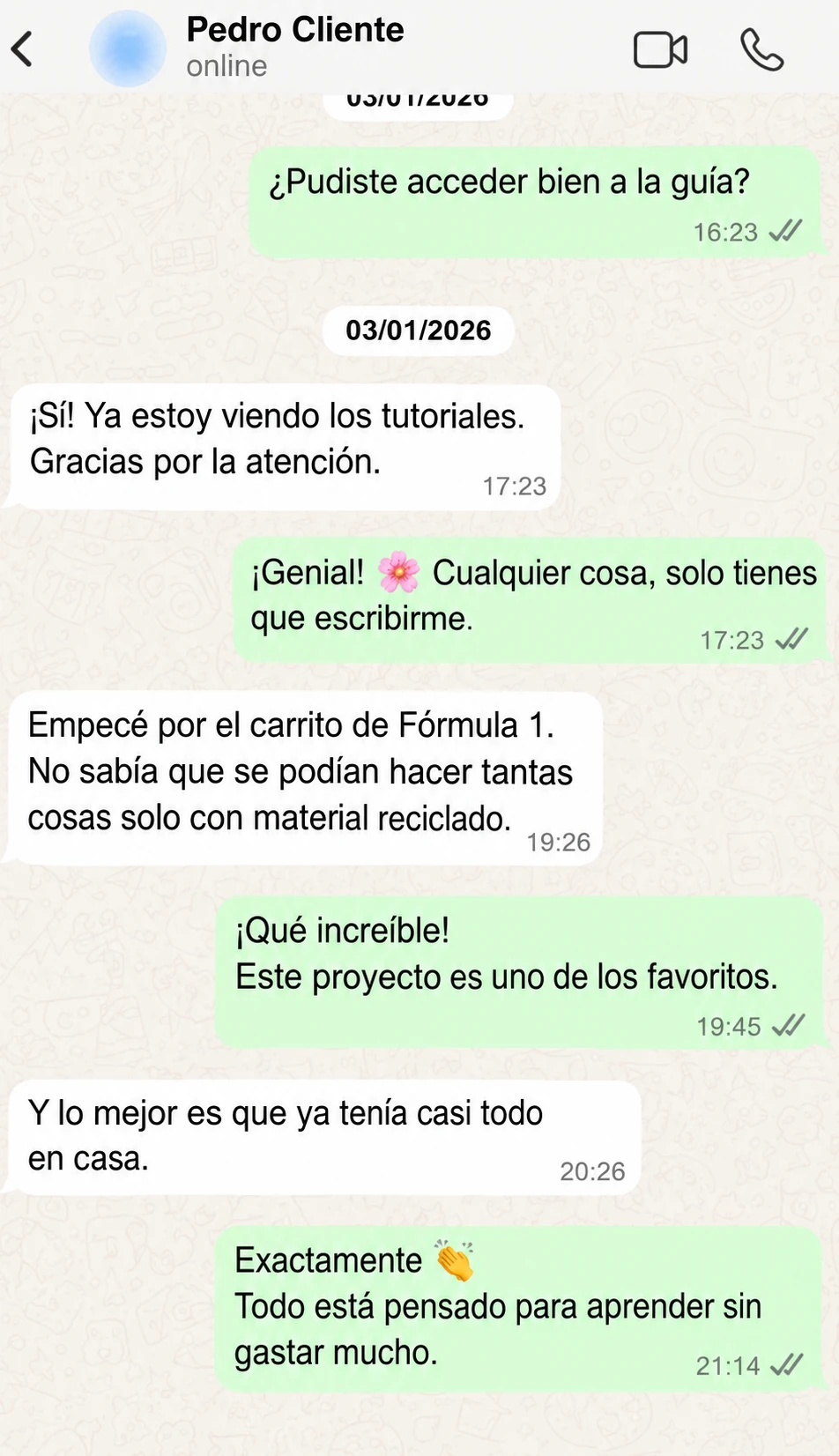 Captura de testimonio real de cliente en WhatsApp
