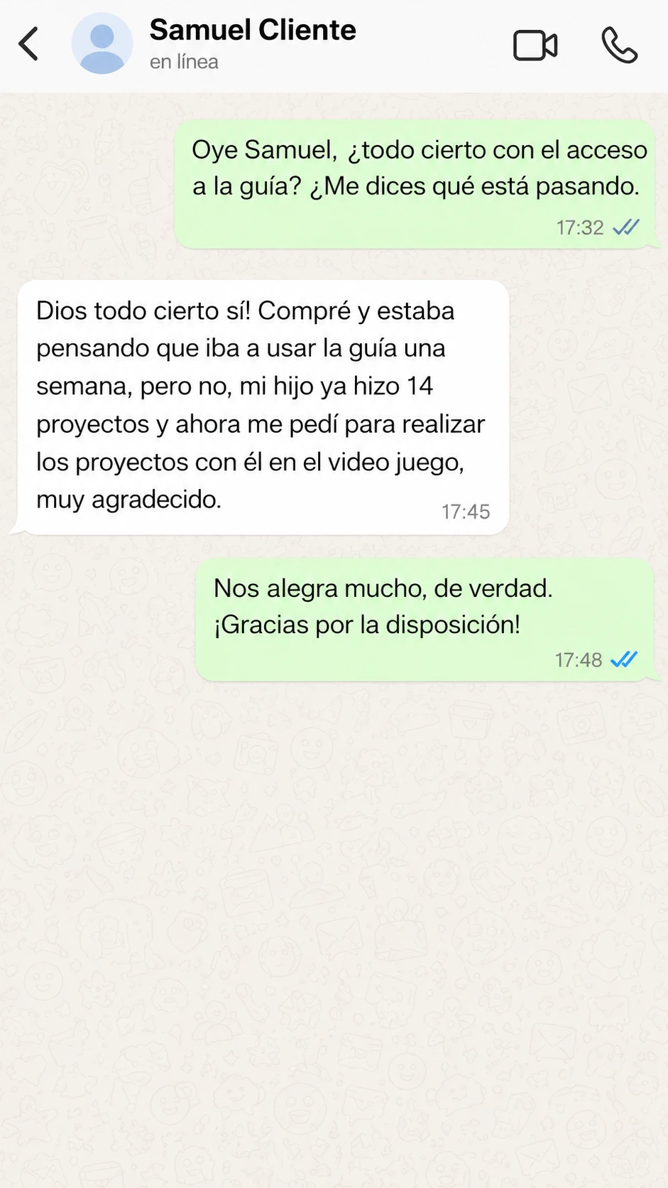 Captura de testimonio real de cliente en WhatsApp