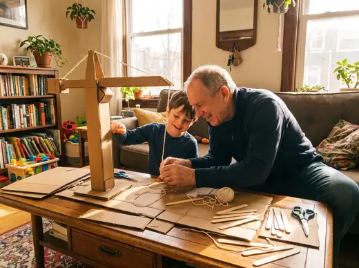Abuelo y nieto construyen una grúa de cartón