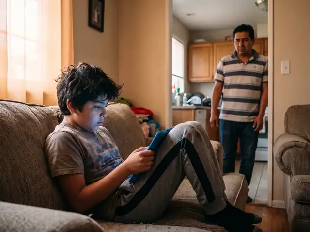 Un niño mirando la tablet en el sofá mientras el papá lo observa desde la cocina